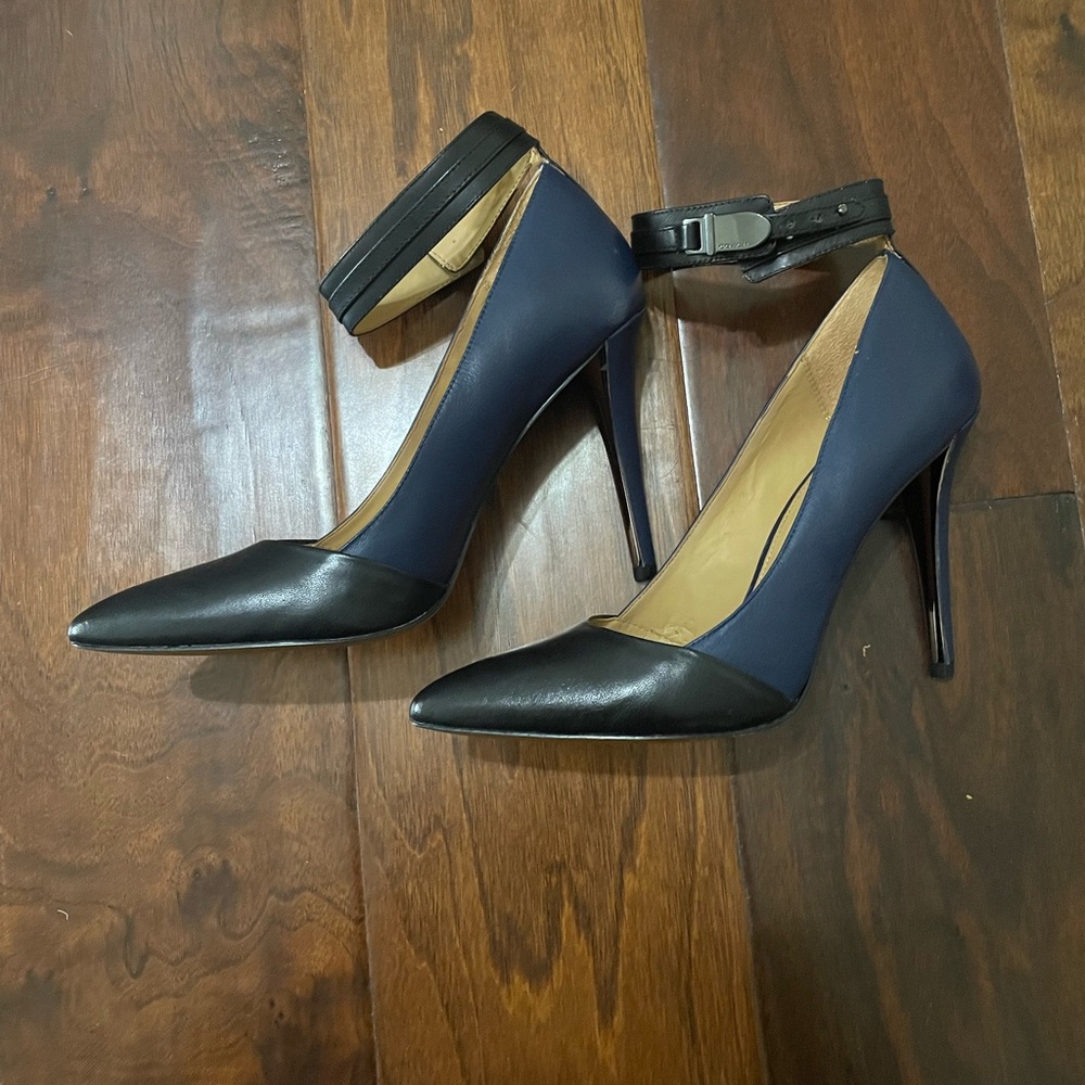 Coach black and navy blue heels with ankle strap